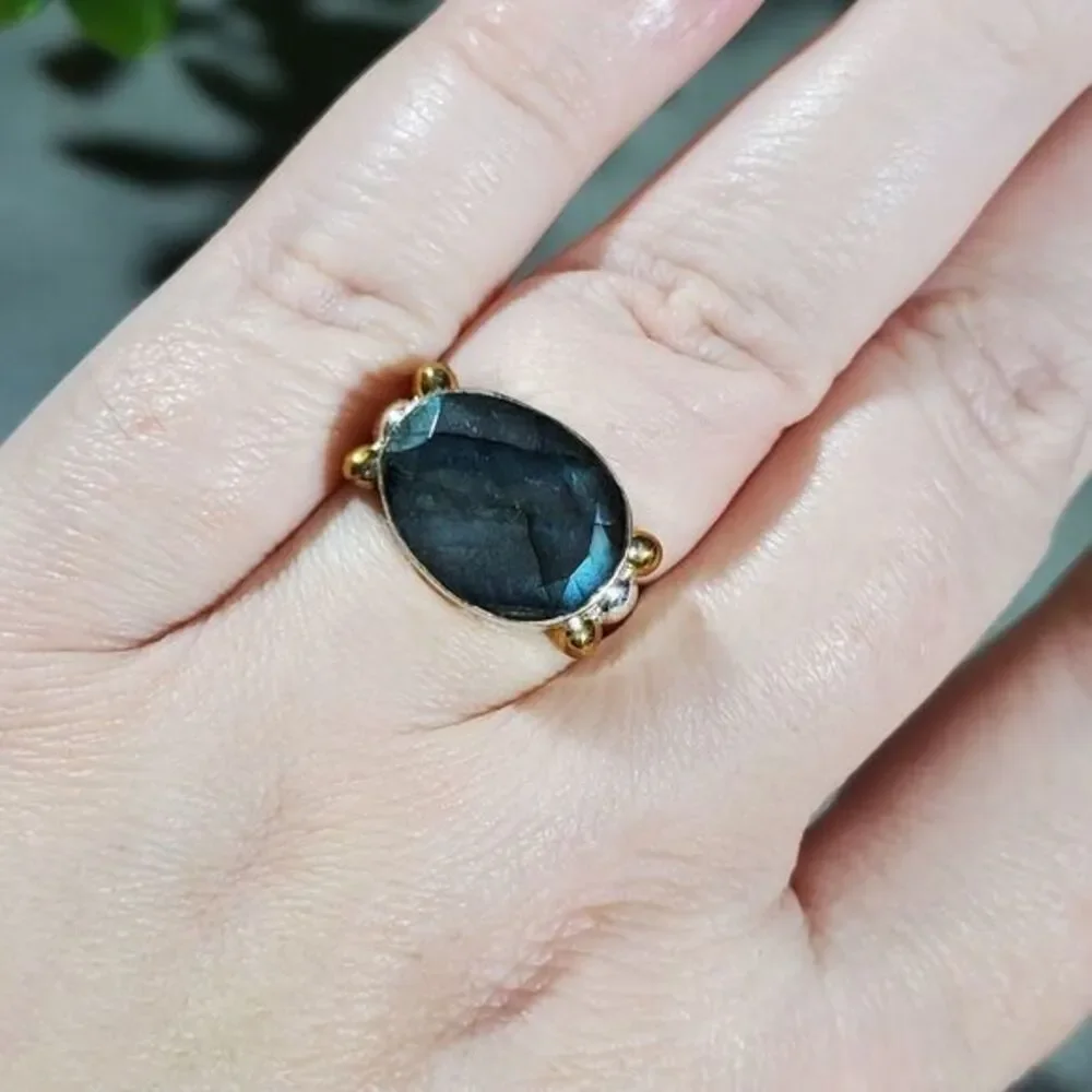 Sterling silver and‎ brass Labrodite ring size 9
